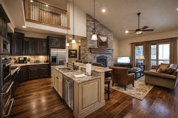 Open-plan kitchen and living room with granite island, stone fireplace, dark wood cabinets, and leather seating.